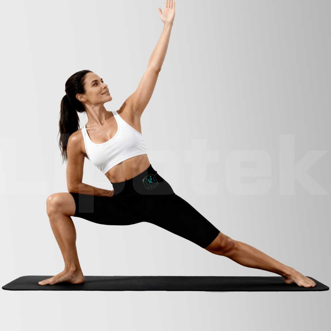 Woman wearing LipoShorts muscle toning shorts during lunge exercise - Lipotek